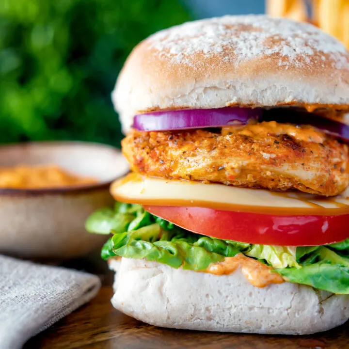 Peri peri chicken burger served with spicy mayonnaise.