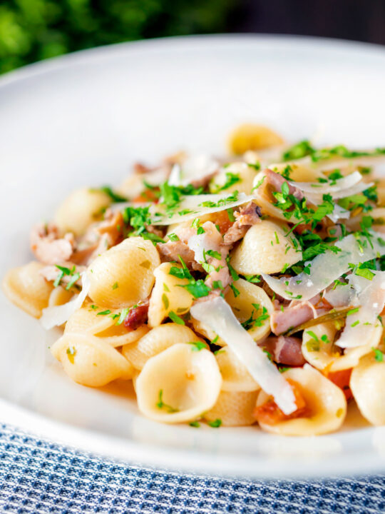 Braised and shredded rabbit ragu served with orecchiette pasta and fresh parsley.