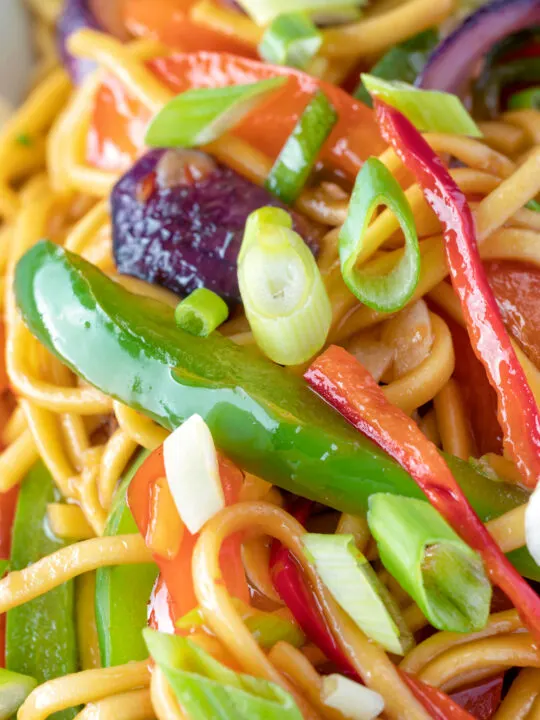 Clos up stir fried sweet chilli noodles with peppers, red onions garnished with spring onions.