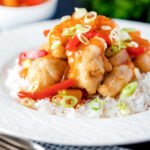 Chinese takeaway style crispy fried sweet and sour chicken balls.