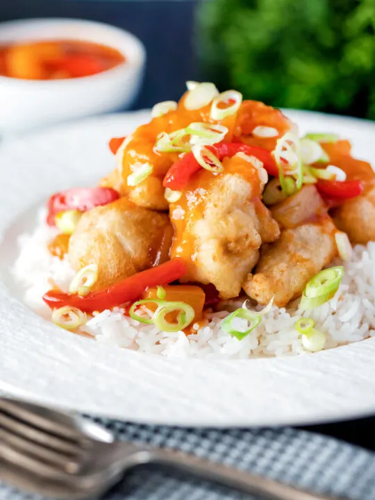 Chinese takeaway style crispy fried sweet and sour chicken balls.