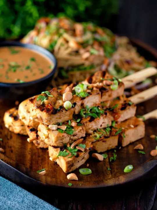 Tofu satay with a peanut sauce and noodle salad.