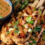 Close up tofu satay with a peanut sauce and noodle salad.