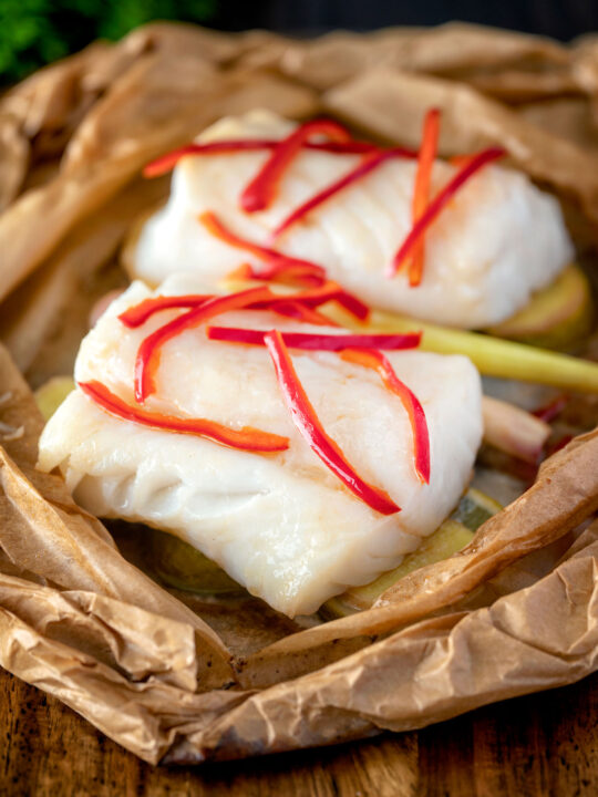 Cod loin cooked en papillote with Asian flavours.