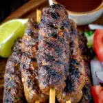 Close up Lebanese influenced minced beef kofta kebabs.