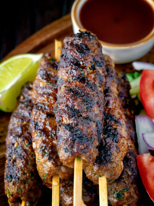Close up Lebanese influenced minced beef kofta kebabs.