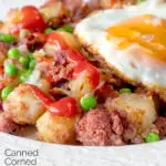 Canned corned beef hash with fried egg and peas and tomato ketchup featuring a title overlay.