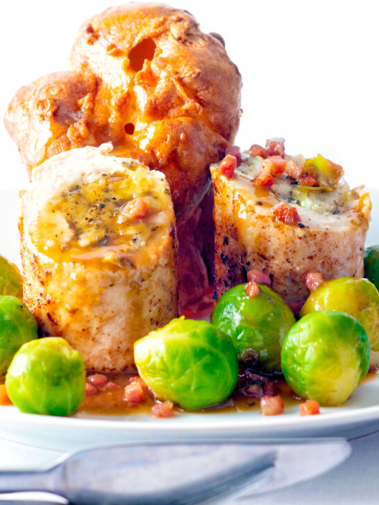 Sage and onion stuffed chicken ballotine served with gravy, sprouts and Yorkshire pudding.