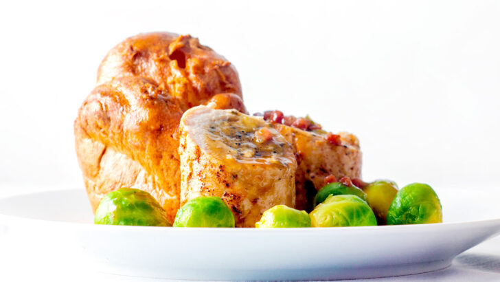 Chicken ballotine with sage and onion stuffing, bacon gravy, Yorkshire pudding & sprouts.