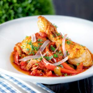 Chicken Basque with a pepper, smoked paprika and tomato sauce.