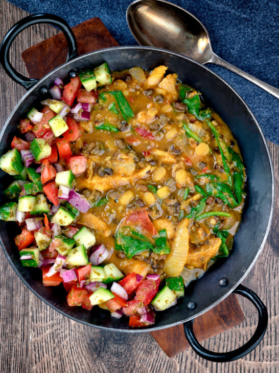 Ovehead chicken dhansak lentil curry with kachumber salad.