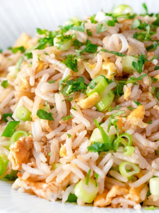 Close up Chinese takeaway style egg fried rice.