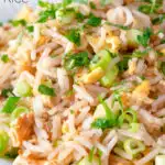 Close up Chinese takeaway style egg fried rice featuring a title overlay.