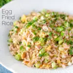 Chinese takeaway style egg fried rice featuring a title overlay.
