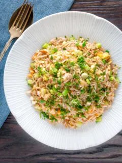 Overhead Chinese takeaway style egg fried rice.