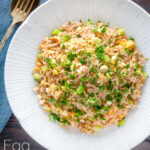 Overhead Chinese takeaway style egg fried rice featuring a title overlay.