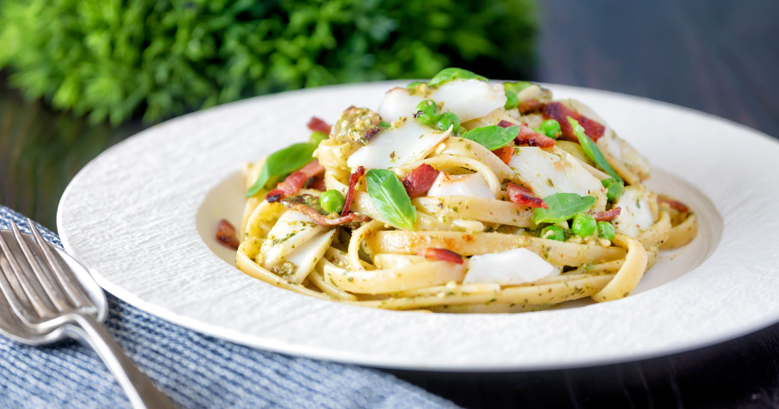 Cod Pasta with Pesto, Peas and Bacon Krumpli