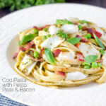Cod pasta with pesto, peas and bacon featuring a title overlay.