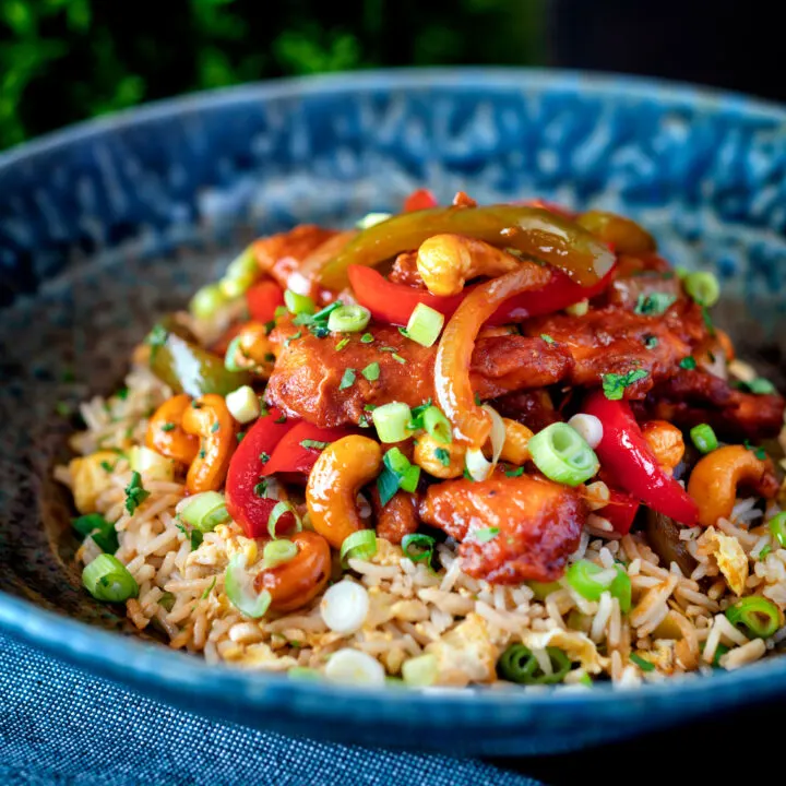 Indo Chinese Dragon chicken with peppers, cashew nuts and egg fried rice.