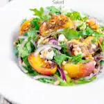 Peach and feta cheese salad with puy lentils and rocket or arugula featuring a title overlay.