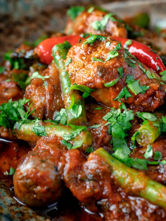 Close up Indian inspired beef sausage curry.