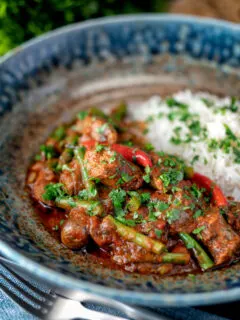 Indian inspired beef sausage curry served with rice.