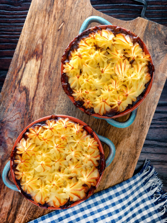 Two individual sausage and mash pies.