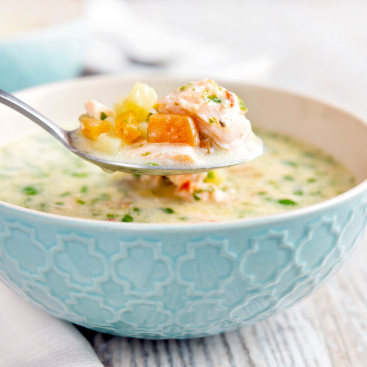 Slow cooker salmon chowder with chilli and lime.