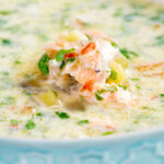 Close up slow cooker salmon chowder.