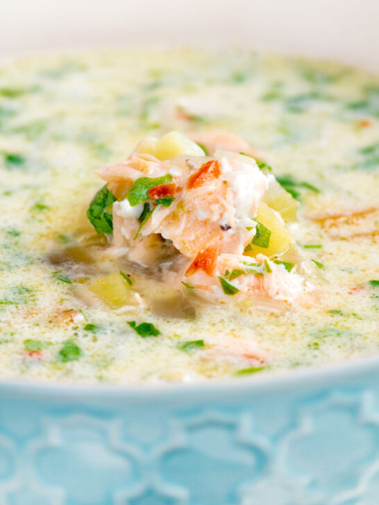 Close up slow cooker salmon chowder.
