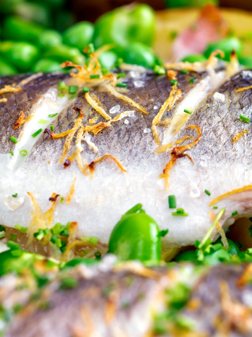 Whole Baked Sea Bass with Potatoes and Broad Beans - Krumpli