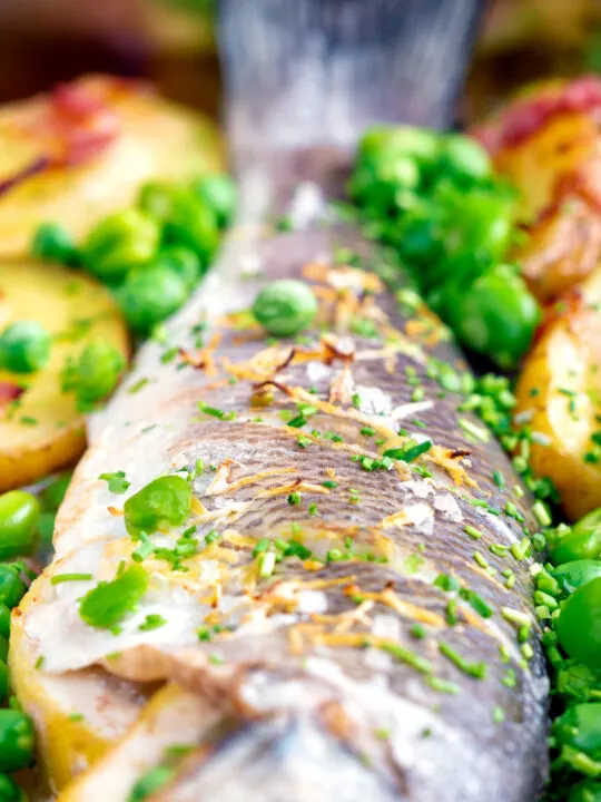 Close up baked or roasted sea bass with new potatoes, peas, broad beans and bacon.