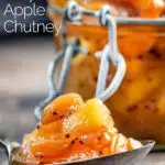 Close up apple chutney with golden raisins featuring a title overlay.