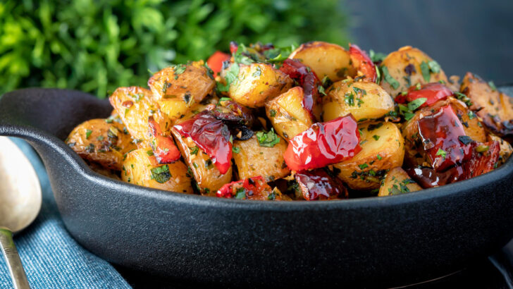 Batata harra Lebanese or Syrian spicy potatoes with red peppers and lemon.