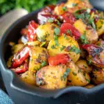 Batata harra Lebanese or Syrian spicy potatoes with red peppers featuring a title overlay.