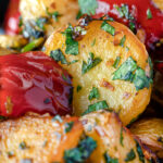 Close up batata harra Lebanese or Syrian spicy potatoes with red peppers.