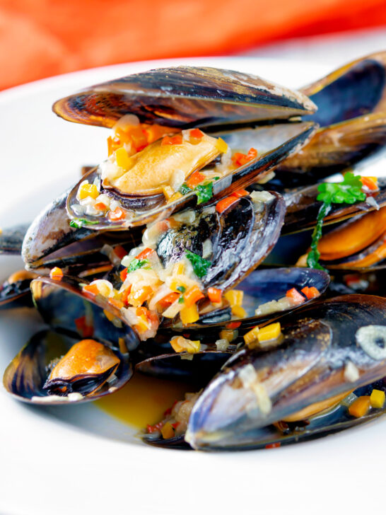 Beer steamed mussels with shallot, chilli and garlic.
