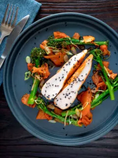 Overhead steamed Korean gochujang chicken breast with broccoli and kimchi.