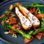 Steamed Korean gochujang chicken breast with broccoli and kimchi.