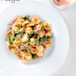 Overhead Instant Pot pork ragu with orecchiette pasta served in a white bowl featuring a title overlay.
