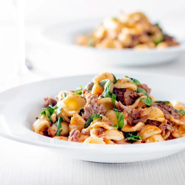 Instant Pot or pressure cooker pork ragu with orecchiette pasta served in a white bowl.