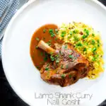 Overhead lamb shank curry or nalli gosht served with pilau rice featuring a title overlay.