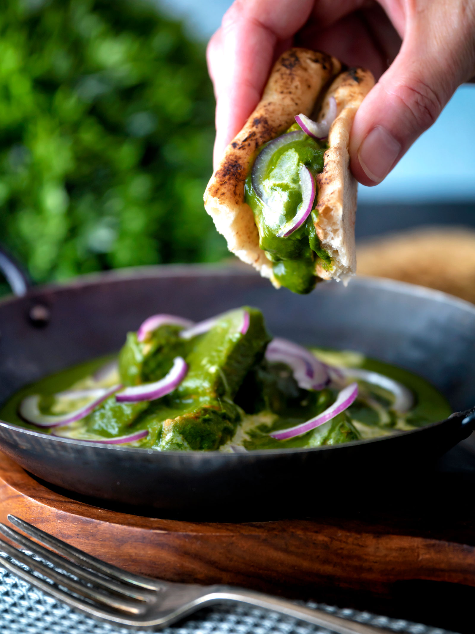Palak chicken or murgh curry being eaten with naan bread!