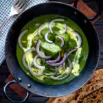 Overhead palak chicken or murgh curry with red onions and cream.