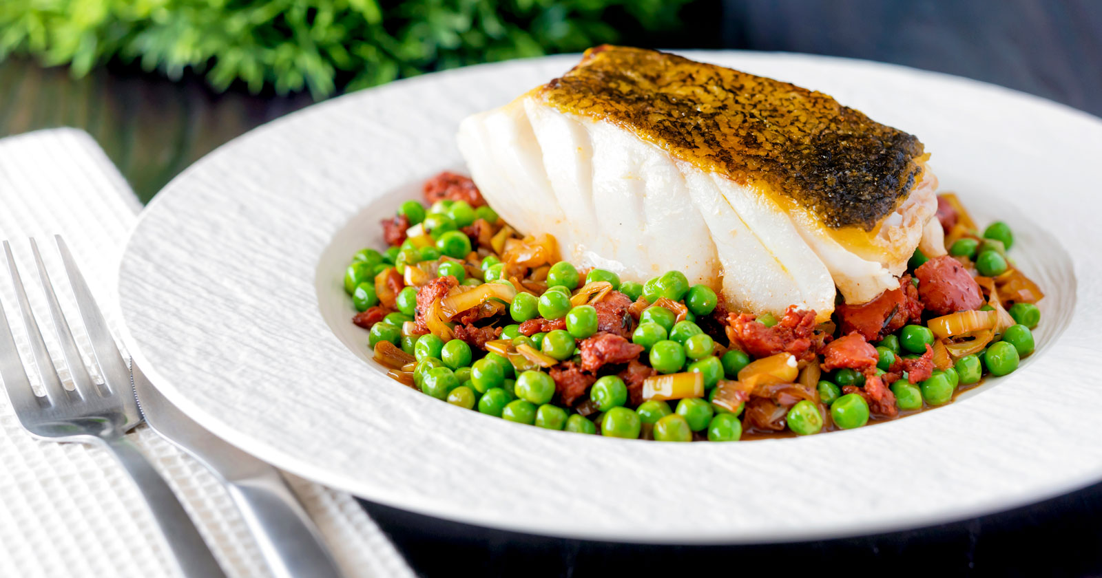 Pan Fried Cod with Chorizo, Peas and Leeks