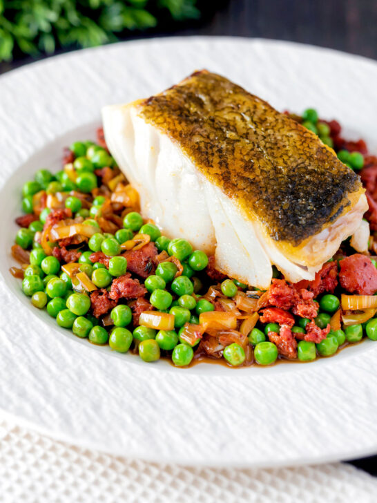 Pan fried cod loin with chorizo sausage, peas and leeks.