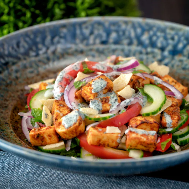 Paneer tikka salad with cucumber, tomato, onion, poppadoms and yoghurt raita dressing.