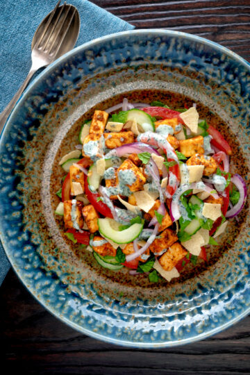 Overhead paneer tikka salad with yoghurt raita dressing.
