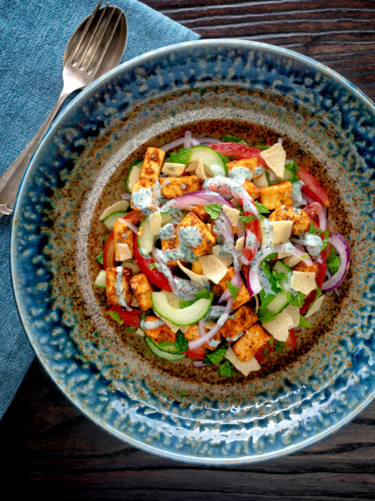 Overhead paneer tikka salad with yoghurt raita dressing.