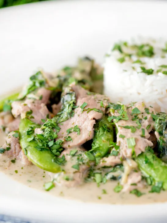 Close up Thai green pork curry served with rice.